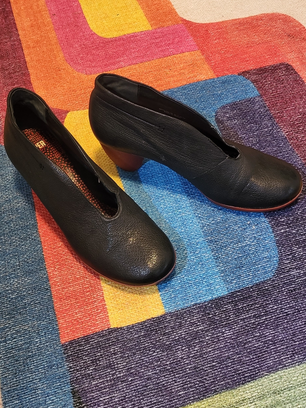 Camper Lila- Black Rounded Toe Low Heel Pumps